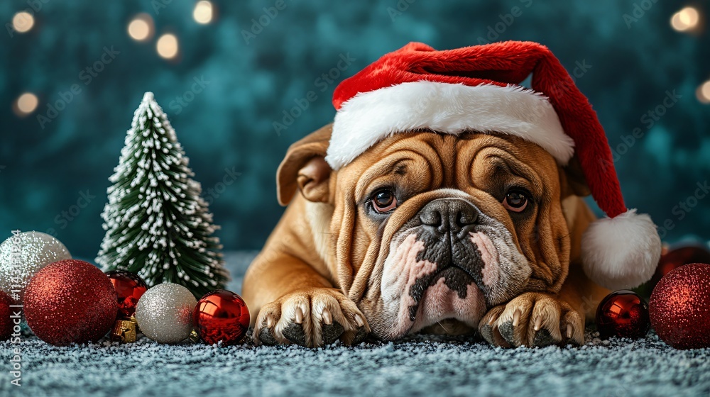 bulldog in a santa hat on Christmas tree bulldog in a santa hat on Christmas tree