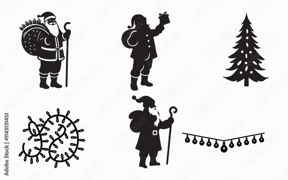 Fototapeta premium Christmas Silhouette Set: Santa Claus, Tree, and Lights