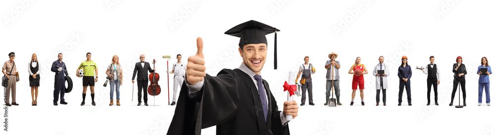 Man in a graduation gown gesturing thumbs up in front of people with different professions Man in a graduation gown gesturing thumbs up in front of people with different professions