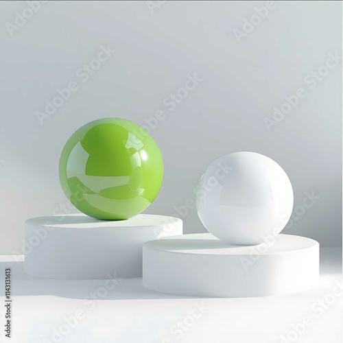 3d illustration of of two spheres first with green gradient and second is white and they both staning on white platforms against pure white gackground in style rend photo