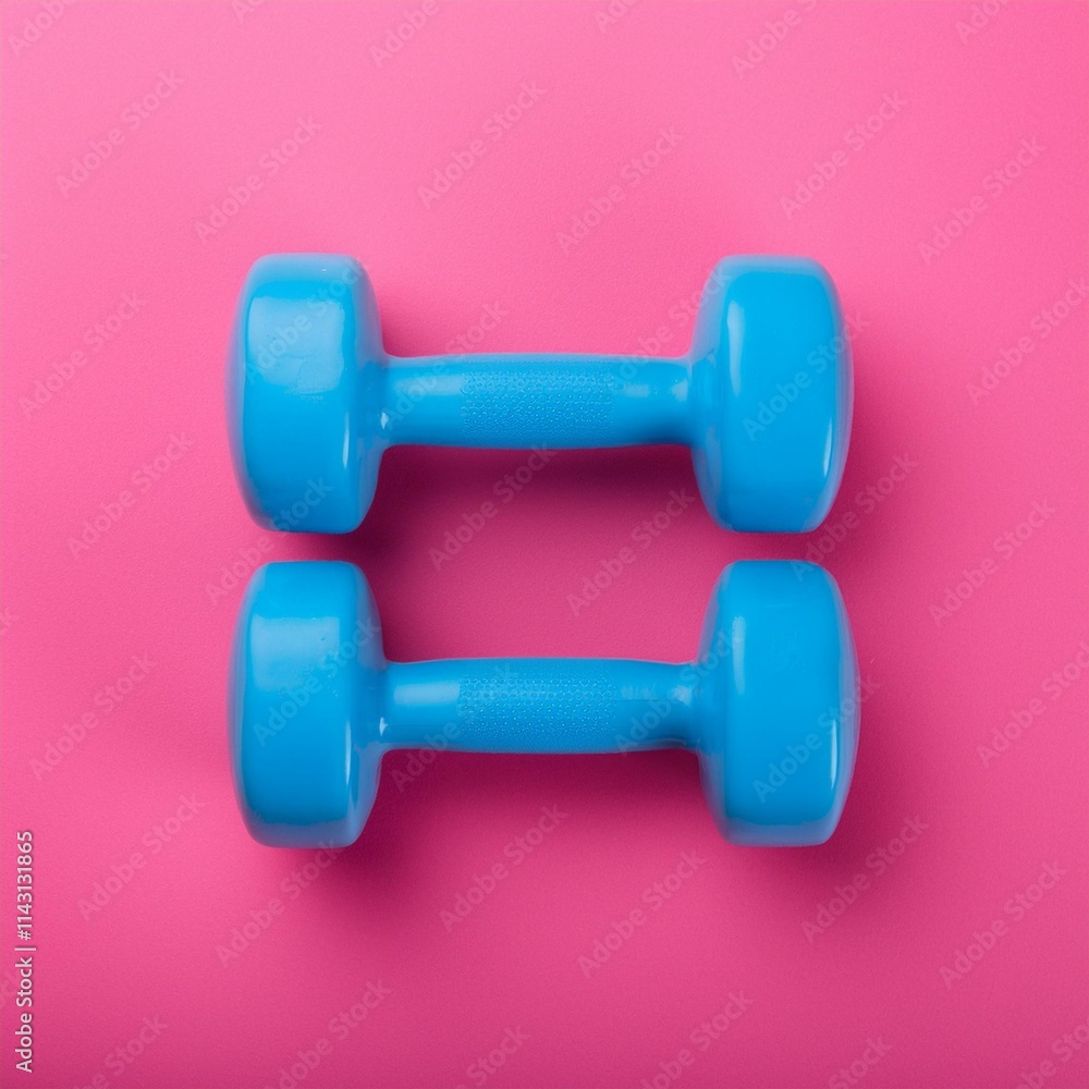 Light Blue Dumbbells on Pink Background, Fitness and Motivational Design Light Blue Dumbbells on Pink Background, Fitness and Motivational Design
