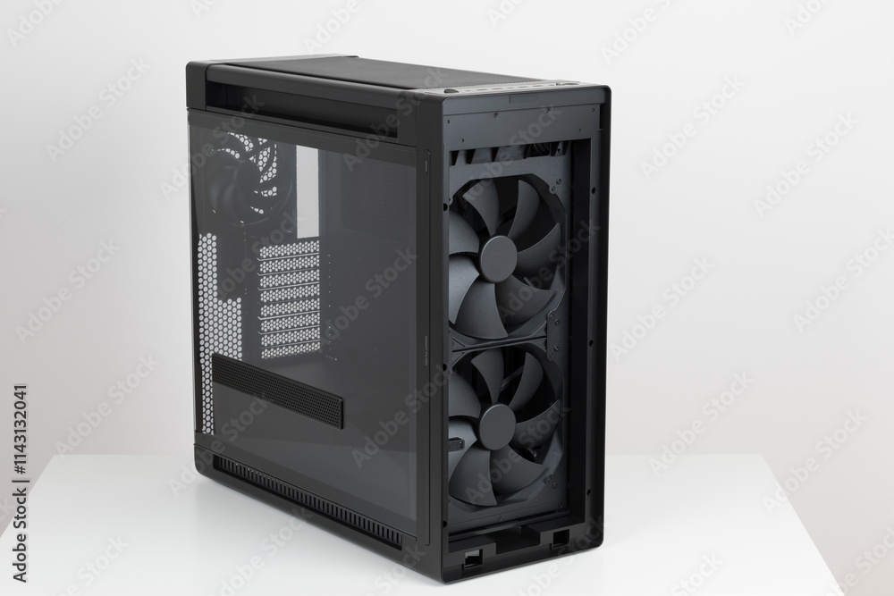 Fototapeta premium Two 200mm pre-installed system fans, front panel IR dust indicator. Side view of empty big tower, PC case, chassis. Left panel is tempered-glass.