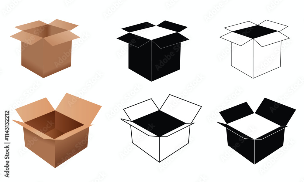 Diverse Box Illustrations: Realistic, Silhouette, and Outline Diverse Box Illustrations: Realistic, Silhouette, and Outline
