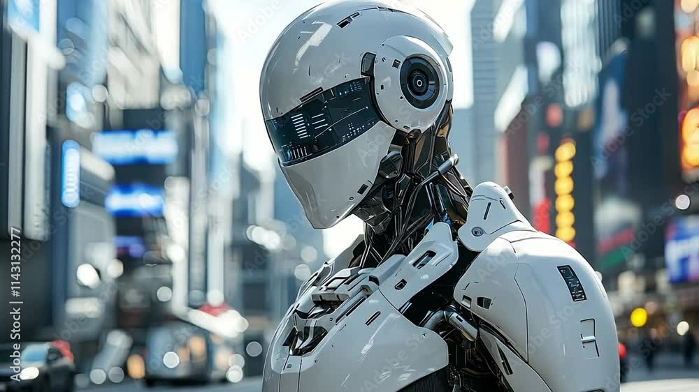 Cybernetic Cityscape: A humanoid robot with a white exoskeleton stands amidst the towering skyscrapers of a bustling metropolis, its gaze fixed on the horizon. Cybernetic Cityscape: A humanoid robot with a white exoskeleton stands amidst the towering skyscrapers of a bustling metropolis, its gaze fixed on the horizon.