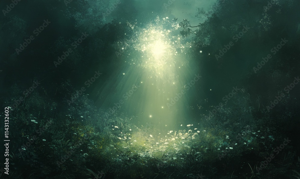 Glowing light illuminates a dark, verdant forest clearing. Glowing light illuminates a dark, verdant forest clearing.