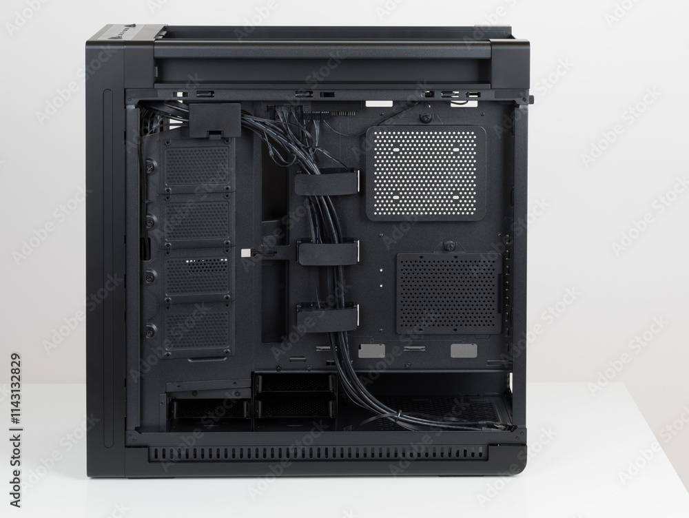 Side view of empty big tower, PC case, chassis. Chassis supports up to four HDDs or up to eight SATA SSDs. At the bottom is a cover for power supply unit Side view of empty big tower, PC case, chassis. Chassis supports up to four HDDs or up to eight SATA SSDs. At the bottom is a cover for power supply unit