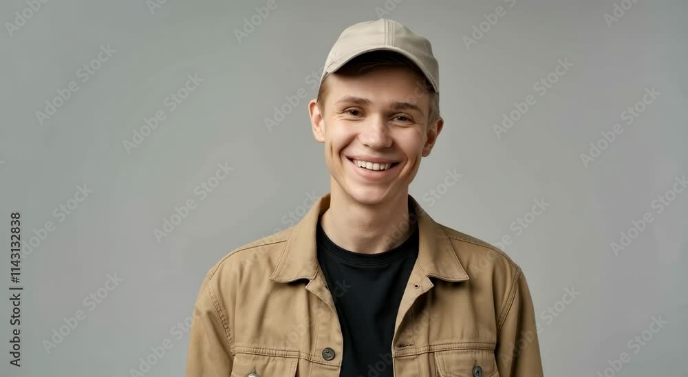 Smiling young man in casual outfit with cap Neutral background Caucasian male Smiling young man in casual outfit with cap Neutral background Caucasian male