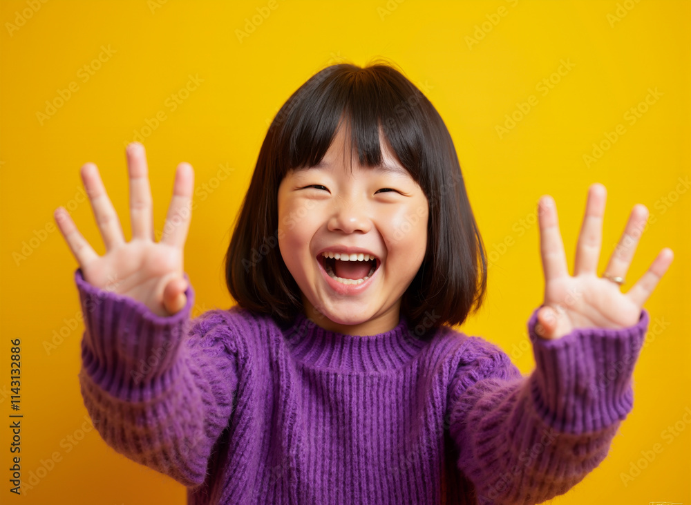 Asian girl raising hands on vibrant yellow background Asian girl raising hands on vibrant yellow background