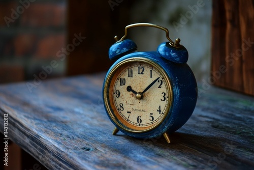 Vintage blue alarm clock on rustic wooden surface.