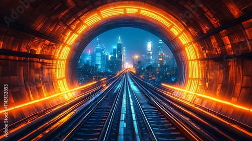 Futuristic subway tunnel with city skyline view.