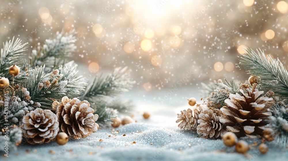 Christmas card in muted tones of pastel green, beige, and gold. Empty space for text. Christmas card in muted tones of pastel green, beige, and gold. Empty space for text.