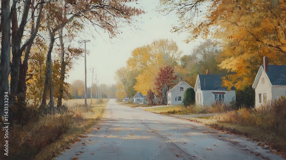 Autumn Road Scene with Houses and Trees Autumn Road Scene with Houses and Trees