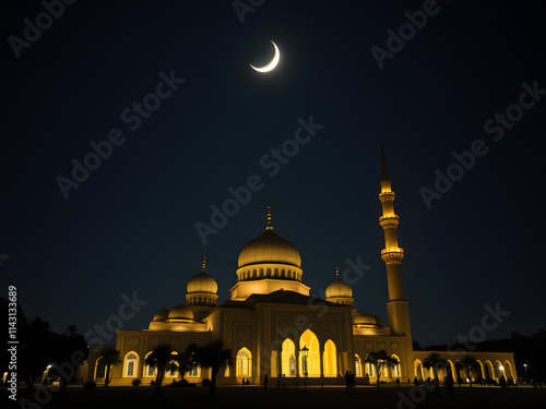 Wallpaper Mural Crescent Moon Illuminates Mosque: A majestic mosque stands illuminated against a night sky, the crescent moon a beacon of hope and spirituality. Torontodigital.ca