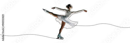 Figure skating or ice dance continuous line drawing colourful vector illustration. Woman, girl figure skater. Girl skating on the ice. Winter sport
