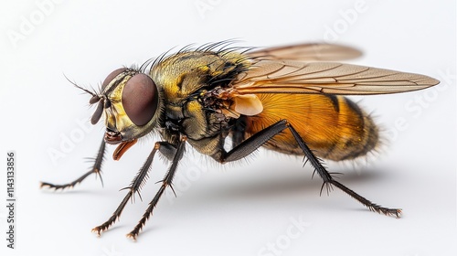 Close-up of a fly, side view, with detailed anatomy visible, against a plain white background.