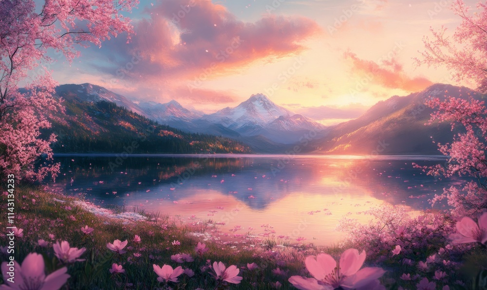 Mount Fuji reflecting in a Beautiful Lake, Surrounded by Pink Flowers. Beautiful Natural Scene with Cherry Blossom. Mount Fuji reflecting in a Beautiful Lake, Surrounded by Pink Flowers. Beautiful Natural Scene with Cherry Blossom.