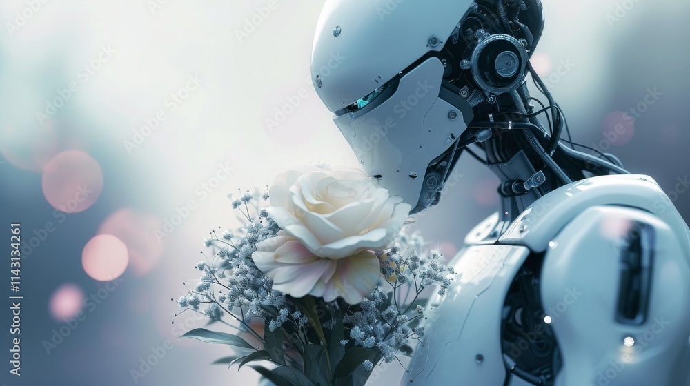 A sleek futuristic robot with a humanoid design tenderly holding a bouquet of white roses, surrounded by soft, glowing light, representing the fusion of technology and nature. AI generated. A sleek futuristic robot with a humanoid design tenderly holding a bouquet of white roses, surrounded by soft, glowing light, representing the fusion of technology and nature. AI generated.