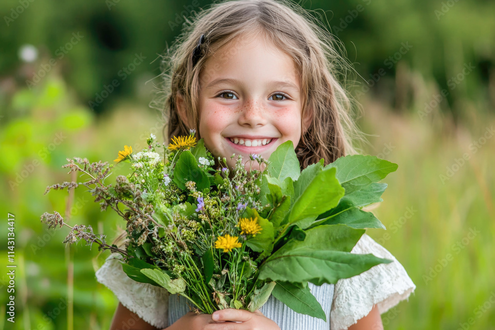 Smiling caucasian young girl holding wildflowers in a meadow Smiling caucasian young girl holding wildflowers in a meadow