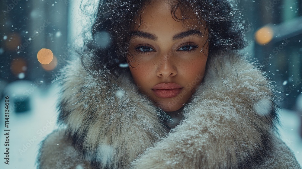 Model wearing fur coat while strolling through snowy urban landscape Model wearing fur coat while strolling through snowy urban landscape