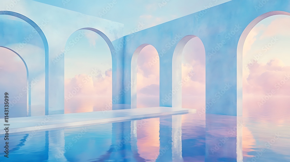Fototapeta premium Serene Pastel Archway Structure Reflecting Peaceful Sky