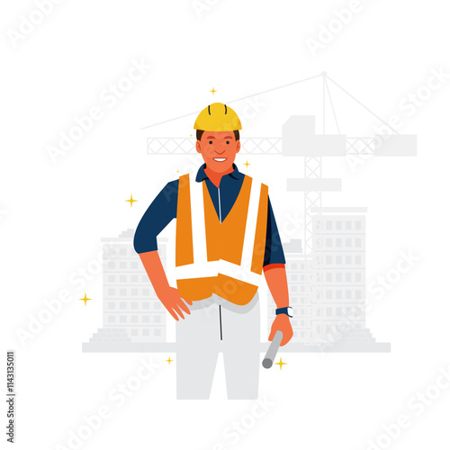 vector of male construction worker as foreman posing confidently carrying building blueprints