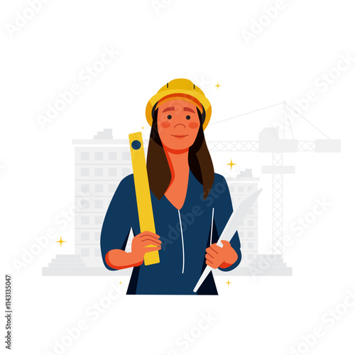 Vector of female construction worker in confident pose carrying blueprints and tools