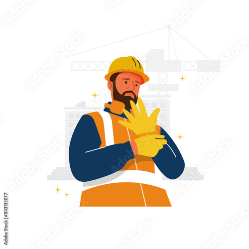 Vector of male construction worker use his glove to ready to work