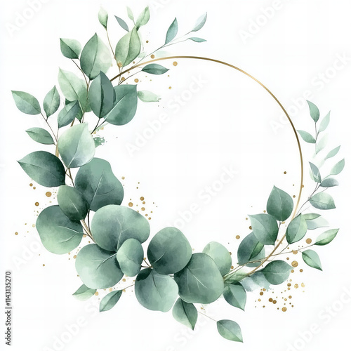 Elegant watercolor eucalyptus frame with gold details, botanical wreath illustration for invitations, wedding design, logos, stationery, minimalist decoration, greenery floral arrangement, and seasona