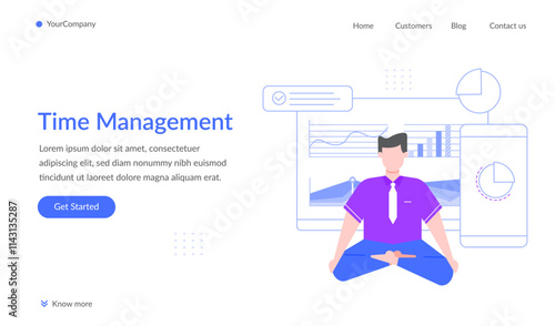 Businessman meditating in lotus position surrounded by charts and graphs, symbolizing effective time management, work life balance, and mindfulness in a busy work environment