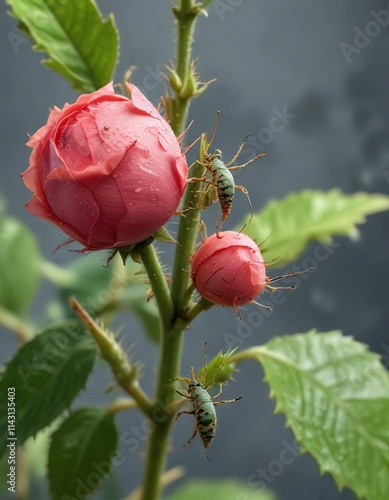 Aphid infestation on a rose shoot with tiny, pear-shaped bodies sucking sap from the plant's tissues, nature, pink, suckers photo