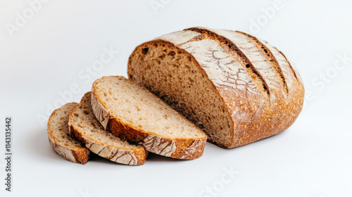 A round wholegrain loaf, partially sliced, with pastel lavender crust and soft peach-colored crumb, thin and evenly spaced slices revealing crumb texture, clear white background, sharp focus on bread 