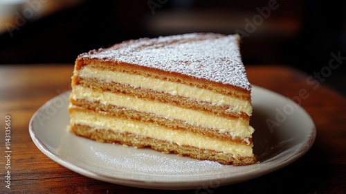 Close-up of a slice of layered cake with custard filling, dusted with powdered sugar.