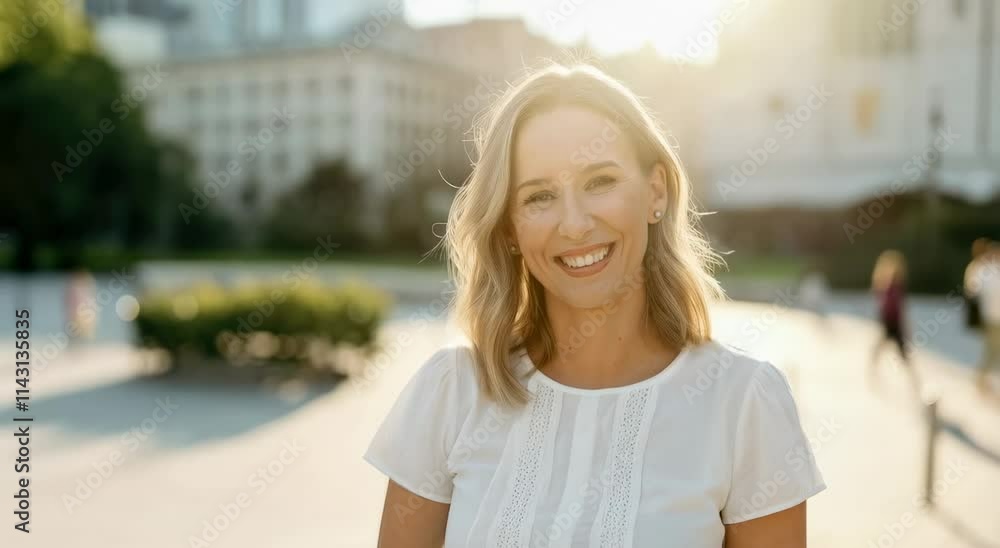 Smiling Caucasian woman in white blouse outdoors, sunset background Smiling Caucasian woman in white blouse outdoors, sunset background