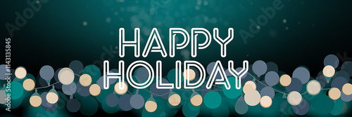 Happy Holiday text in a thin modern sans-serif white font, placed on a blurred cool-toned bokeh background featuring silver and teal lights. Perfect for elegant holiday designs.

