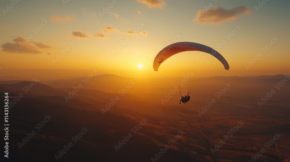 Paraglider gliding gracefully over a scenic landscape at sunset Paraglider gliding gracefully over a scenic landscape at sunset