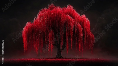 Red weeping willow tree in dark foggy field.