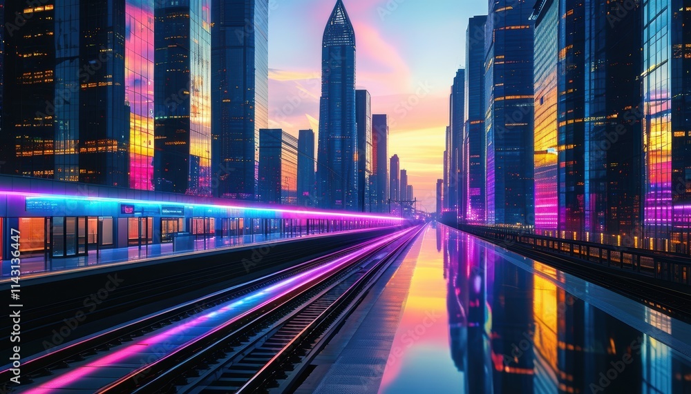 train tracks among skyscrapers in the city, illustration train tracks among skyscrapers in the city, illustration