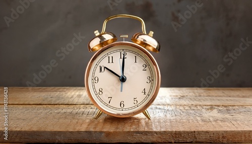 A classic alarm clock on an old-fashioned wooden desk,