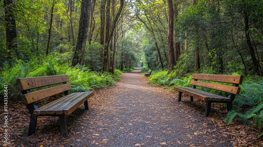 Peaceful forest road with benches along the way, inviting visitors to pause and enjoy the natural surroundings Peaceful forest road with benches along the way, inviting visitors to pause and enjoy the natural surroundings