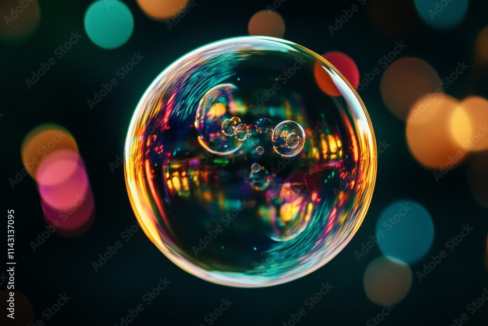 A vibrant, iridescent soap bubble reflects colorful bokeh lights against a dark background. A vibrant, iridescent soap bubble reflects colorful bokeh lights against a dark background.