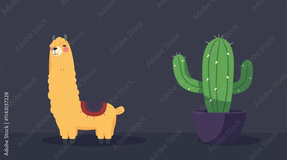 In a whimsical desert setting, a cheerful llama with a bright coat poses next to a sturdy cactus, showcasing the playful contrast of nature's beauty during sunset In a whimsical desert setting, a cheerful llama with a bright coat poses next to a sturdy cactus, showcasing the playful contrast of nature's beauty during sunset
