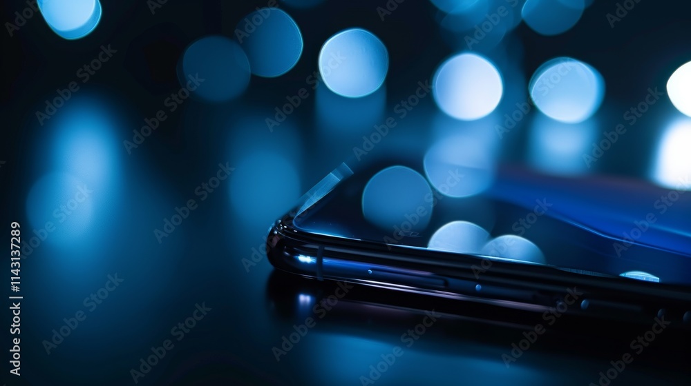 A sleek smartphone edge on a dark reflective surface with soft blue glowing bokeh lights, emphasizing a modern and futuristic style. AI generated. A sleek smartphone edge on a dark reflective surface with soft blue glowing bokeh lights, emphasizing a modern and futuristic style. AI generated.