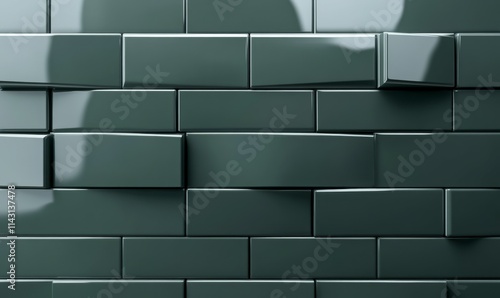 Rectangular Tiles arranged to create a Futuristic wall. Green, Polished Background formed from 3D blocks.