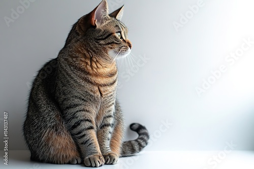 Striped cat sits, looks away on neutral background. photo