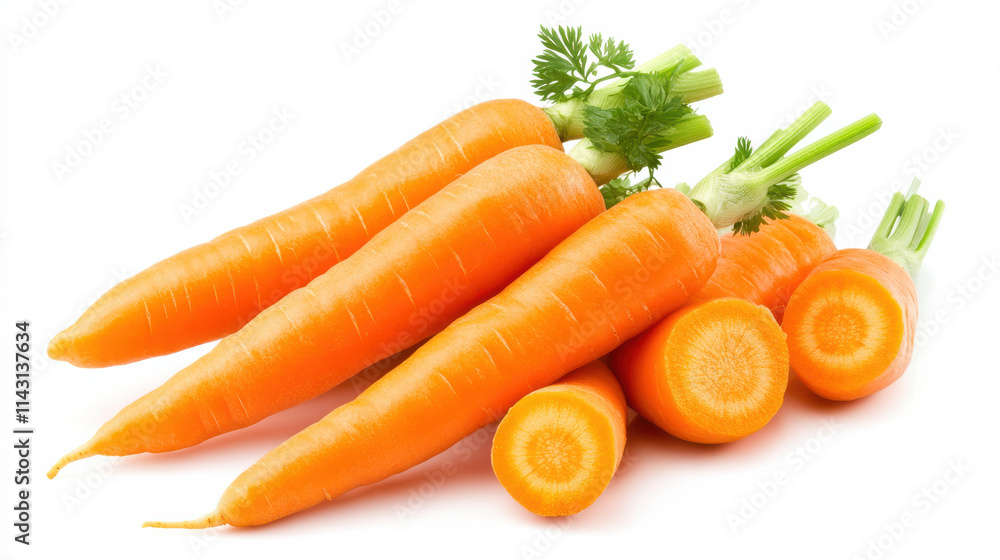 A clean and precise cut-out style image of smooth, polished carrots with vibrant orange tones, perfectly arranged on a bright white background, enhancing their bold color and texture without shadows, A clean and precise cut-out style image of smooth, polished carrots with vibrant orange tones, perfectly arranged on a bright white background, enhancing their bold color and texture without shadows,