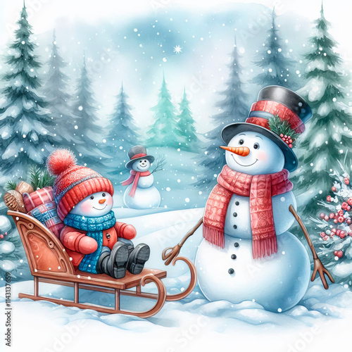 A snowman family riding a sled in a snowy forest