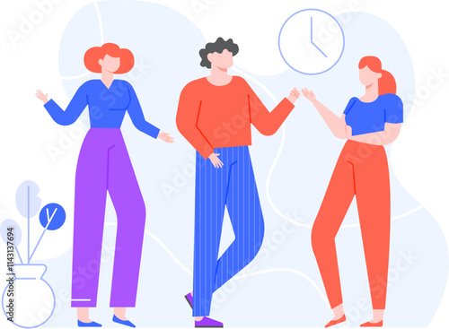 Office workers having a conversation during a meeting, discussing work related topics, with a clock symbolizing time management and deadlines