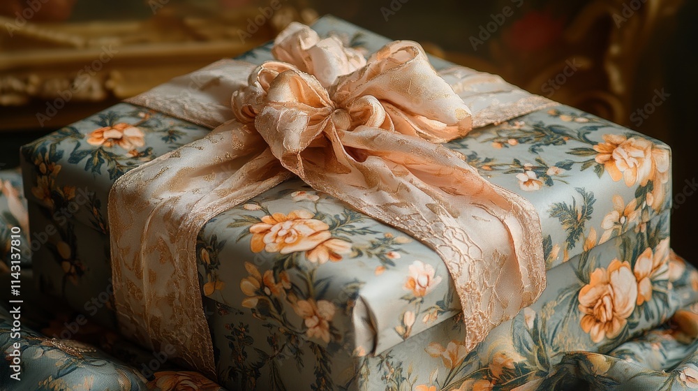 Ribbon tied in an elegant knot on top of a patterned gift box, exuding care Ribbon tied in an elegant knot on top of a patterned gift box, exuding care