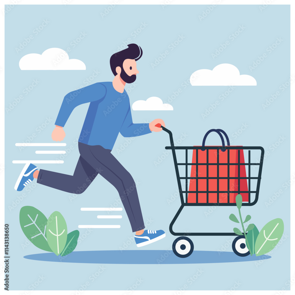 running man going shopping with shopping cart flat design running man going shopping with shopping cart flat design