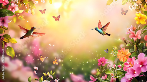 un fondo de un paisaje de la naturaleza con espacio de copia con flores y pajaros volando sobre ellas pintura alegre y divertida para diseño de flora y fauna photo